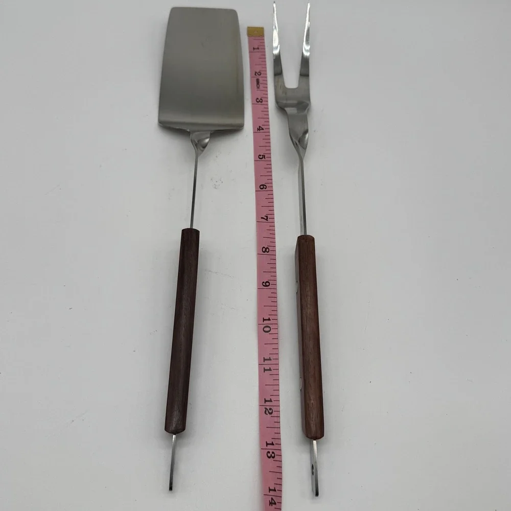 Vintage A.S. Stainless Japan BBQ Tool Set Long Wood Handle Spatula Fork 1960s